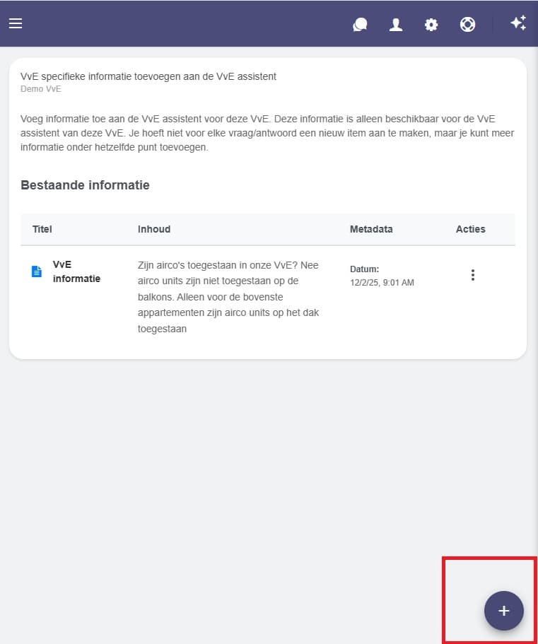 De indexeringspagina en het plus teken onderin om data toe te voegen