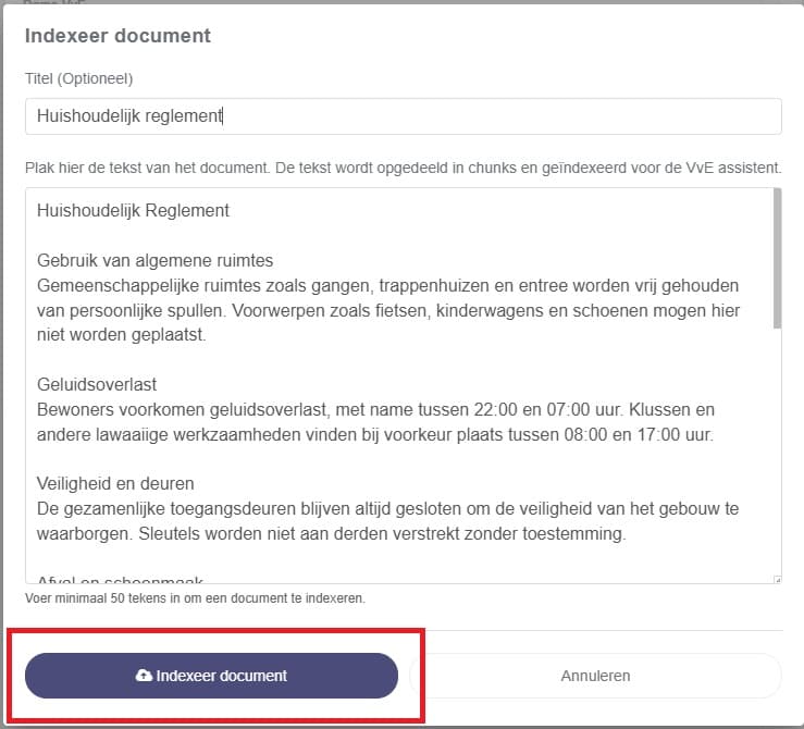 Het invoerveld waar je de data in kunt plakken en op Document indexeren kan klikken