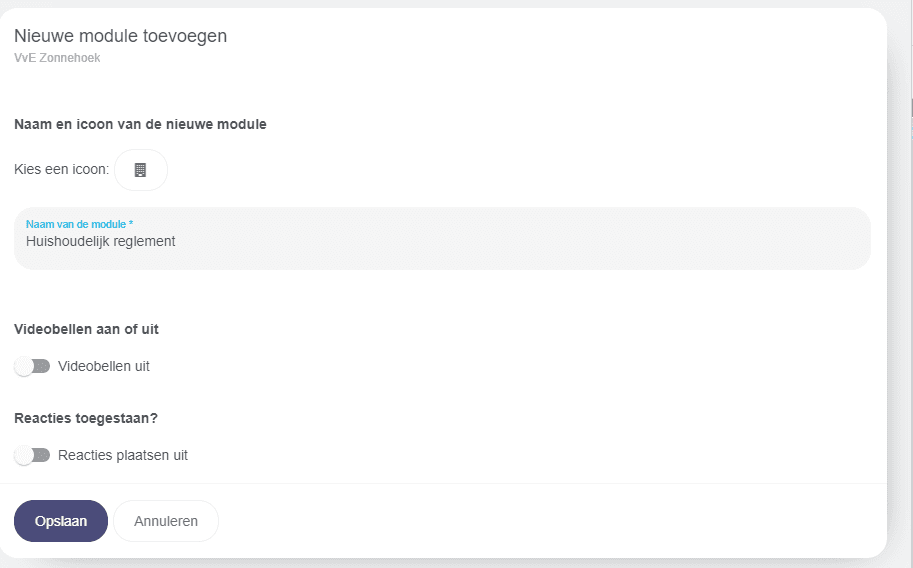 Module configuratie scherm met icoon en naam