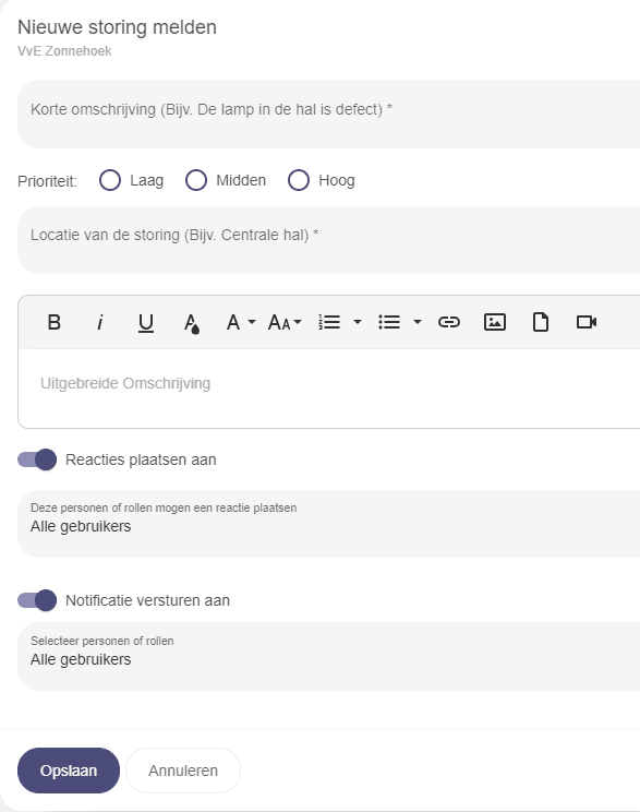 Schermvoorbeeld van het aanmaken van een storing
