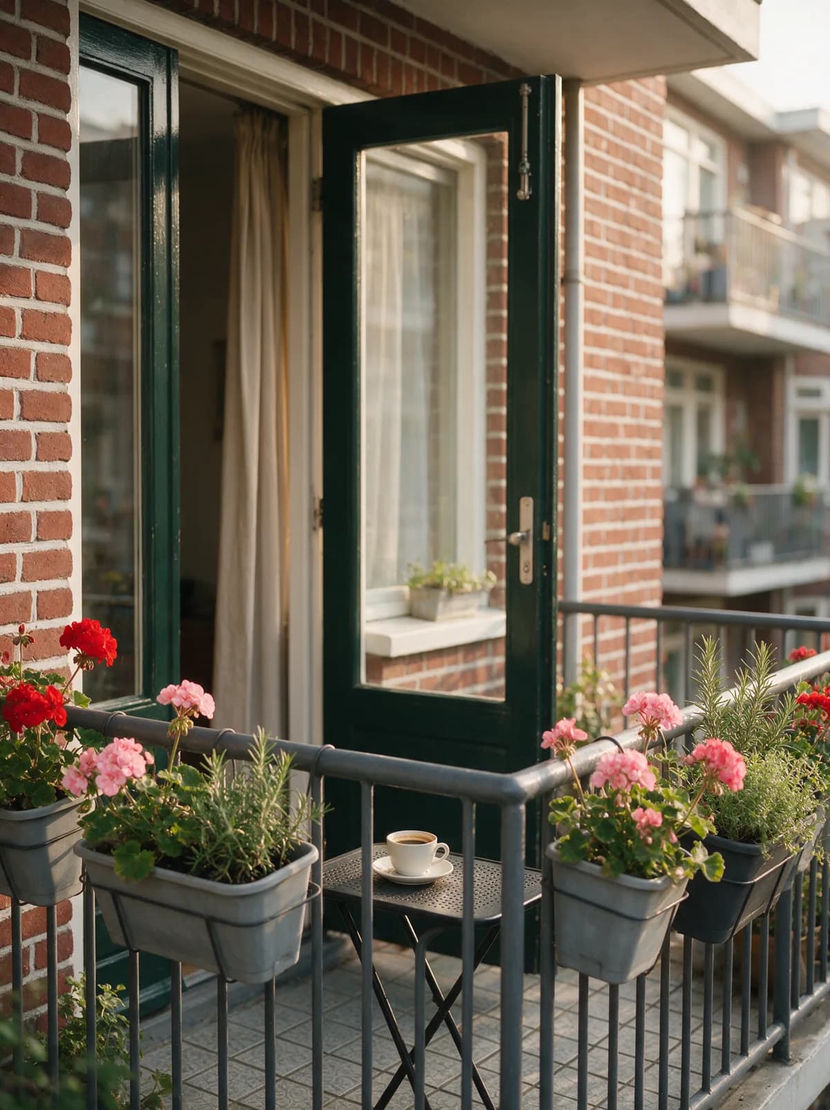 Balkons van een appartementengebouw in ochtendlicht