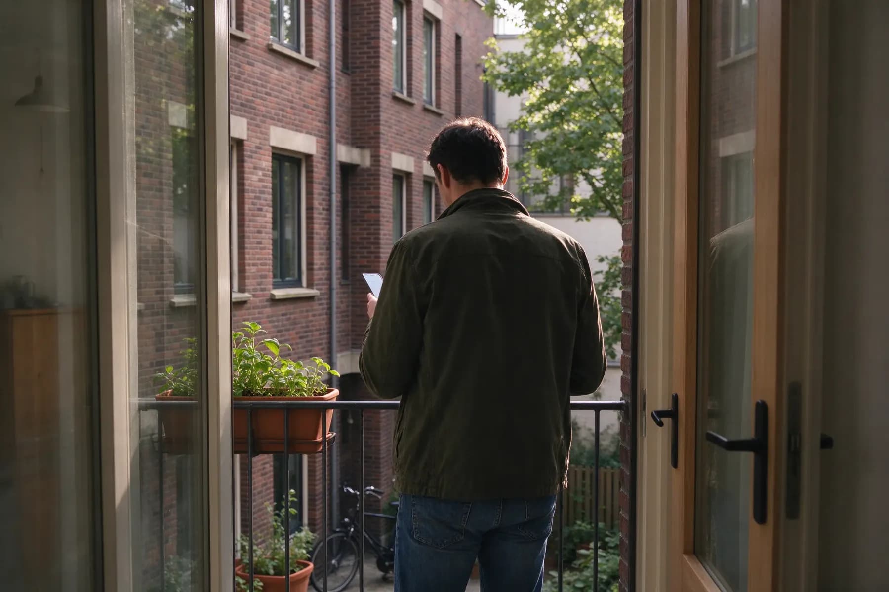 Bewoner op het balkon van een appartementengebouw, kijkt op de telefoon