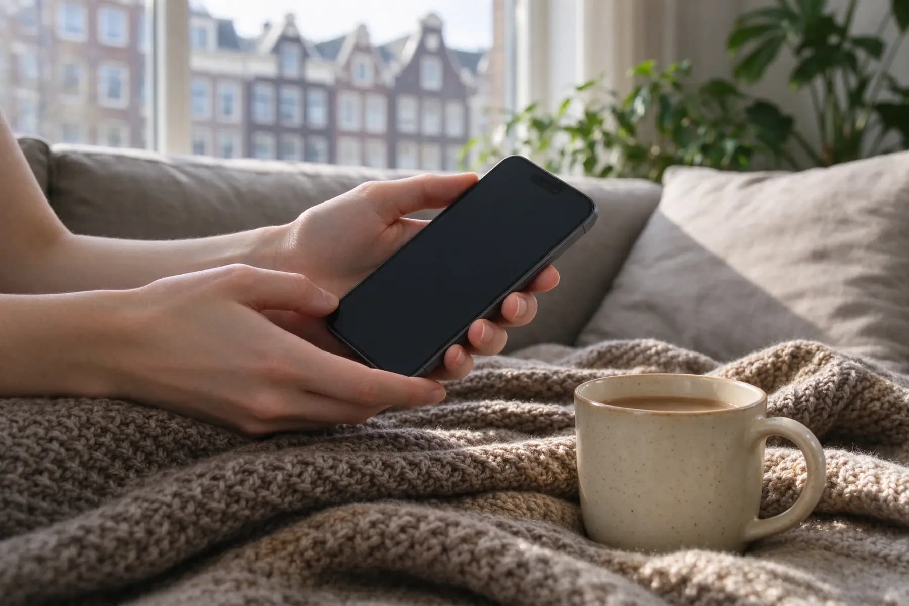 Handen met een telefoon boven een plaid op de bank, koffie ernaast
