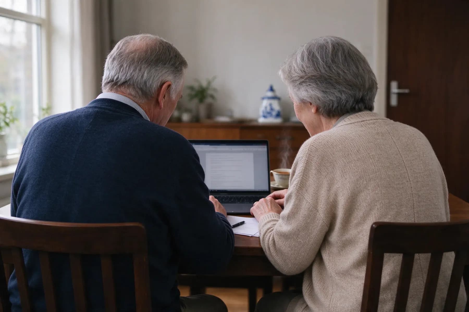 Twee leden van de kascommissie bekijken samen de cijfers op de laptop