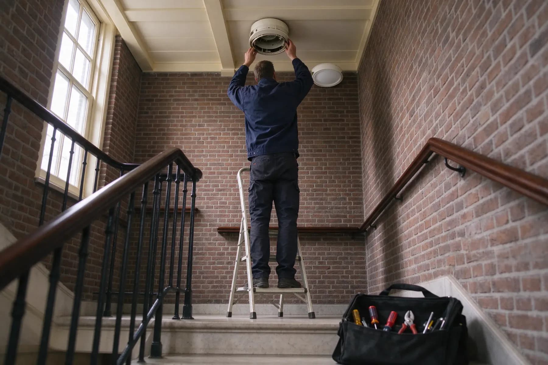 Monteur vervangt een lamp in het trappenhuis van een appartementengebouw