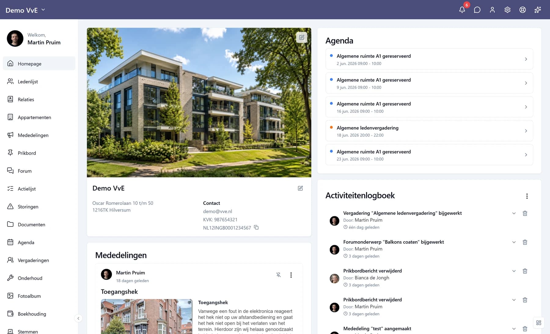 Dashboard van VvE.nl met agenda, mededelingen en activiteitenlogboek