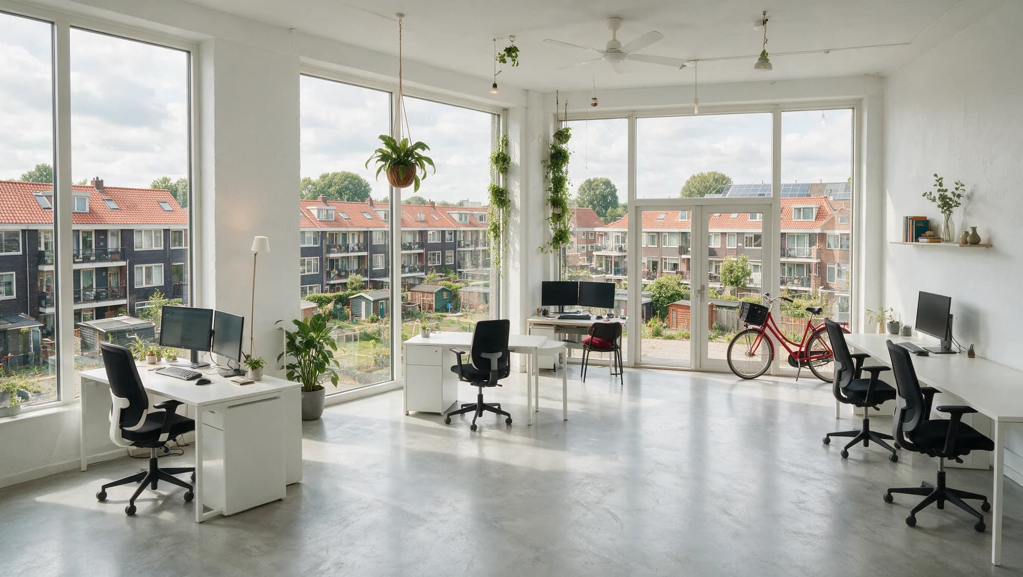 Kantoor met uitzicht op appartementengebouwen