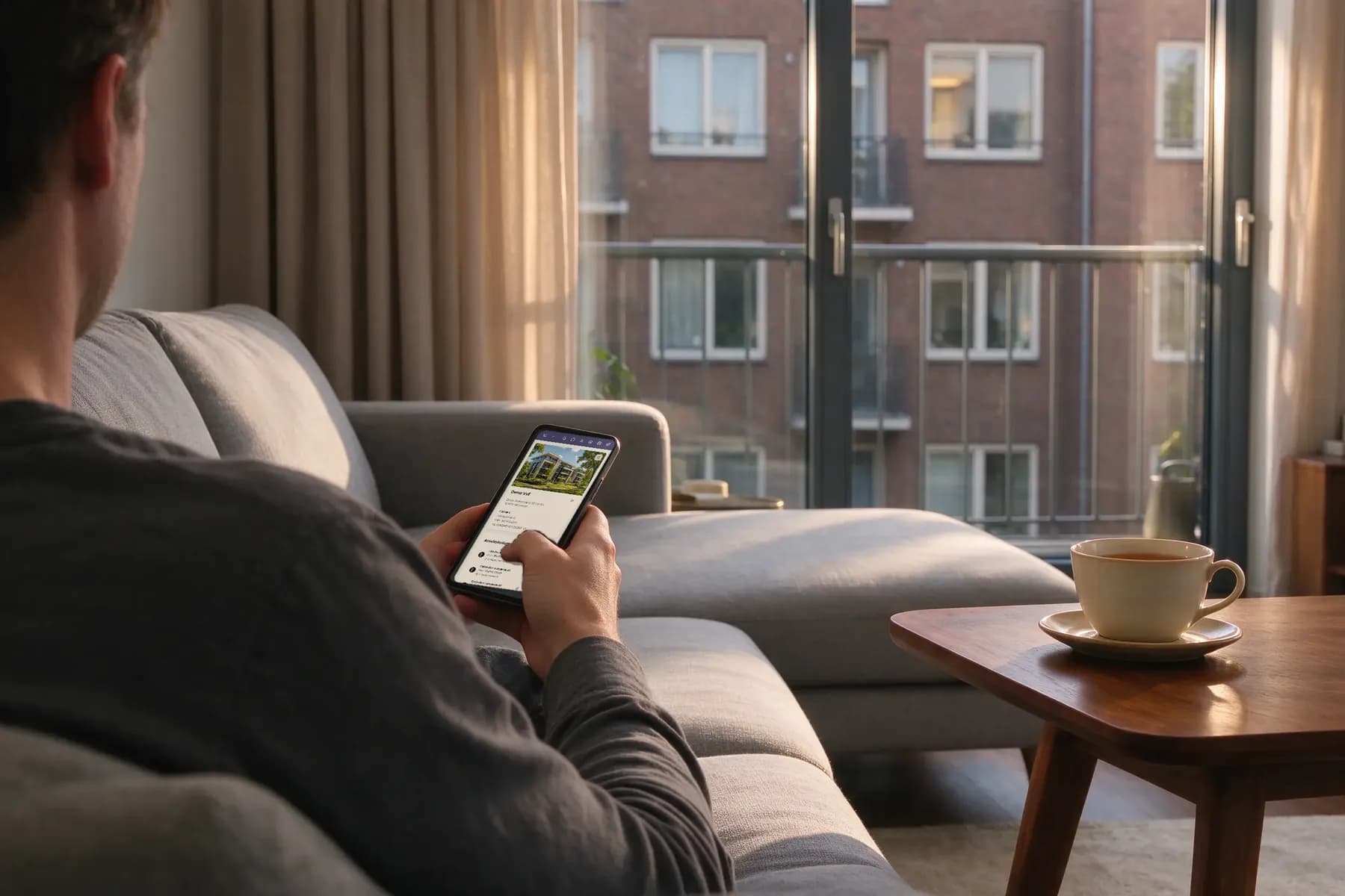 Bewoner op de bank met de VvE App op de telefoon