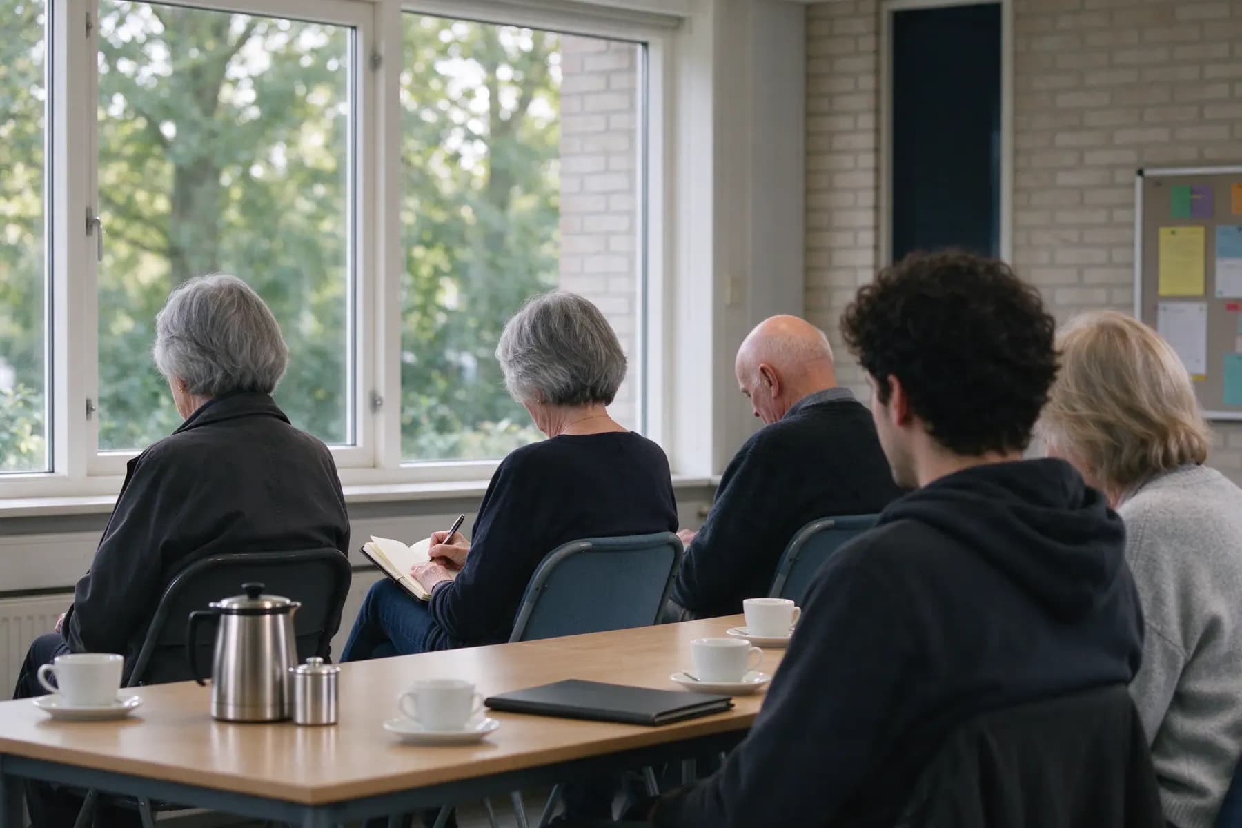 Bewoners in de gemeenschappelijke ruimte na de ledenvergadering